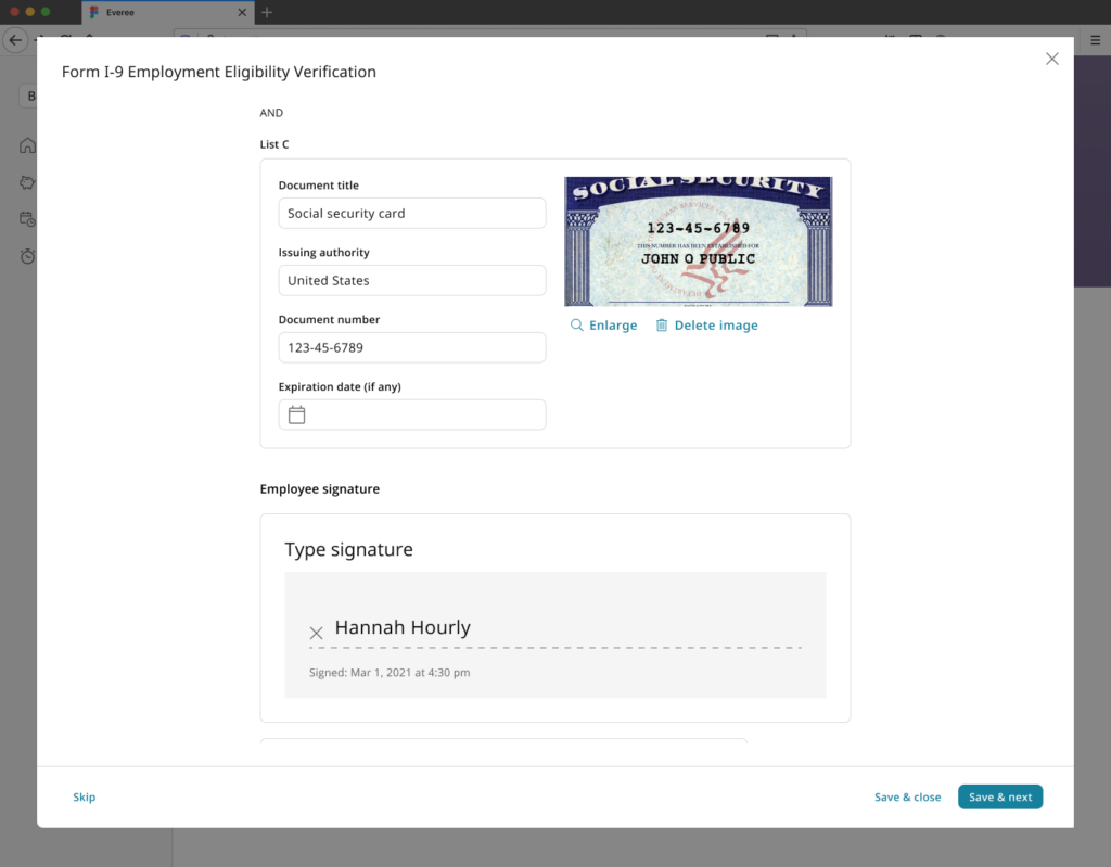 Workers can add information to their I-9 forms with Everee.