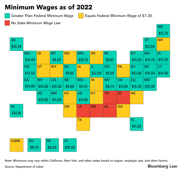 a map of minimum wages in the united states, state-by-state