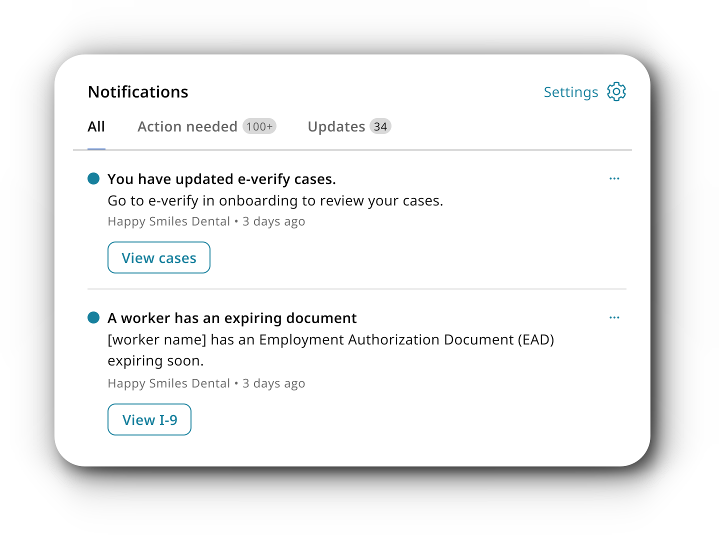 Onboarding+ notifications panel showing E-Verify case updates, expiring documents, and TIN verification alerts